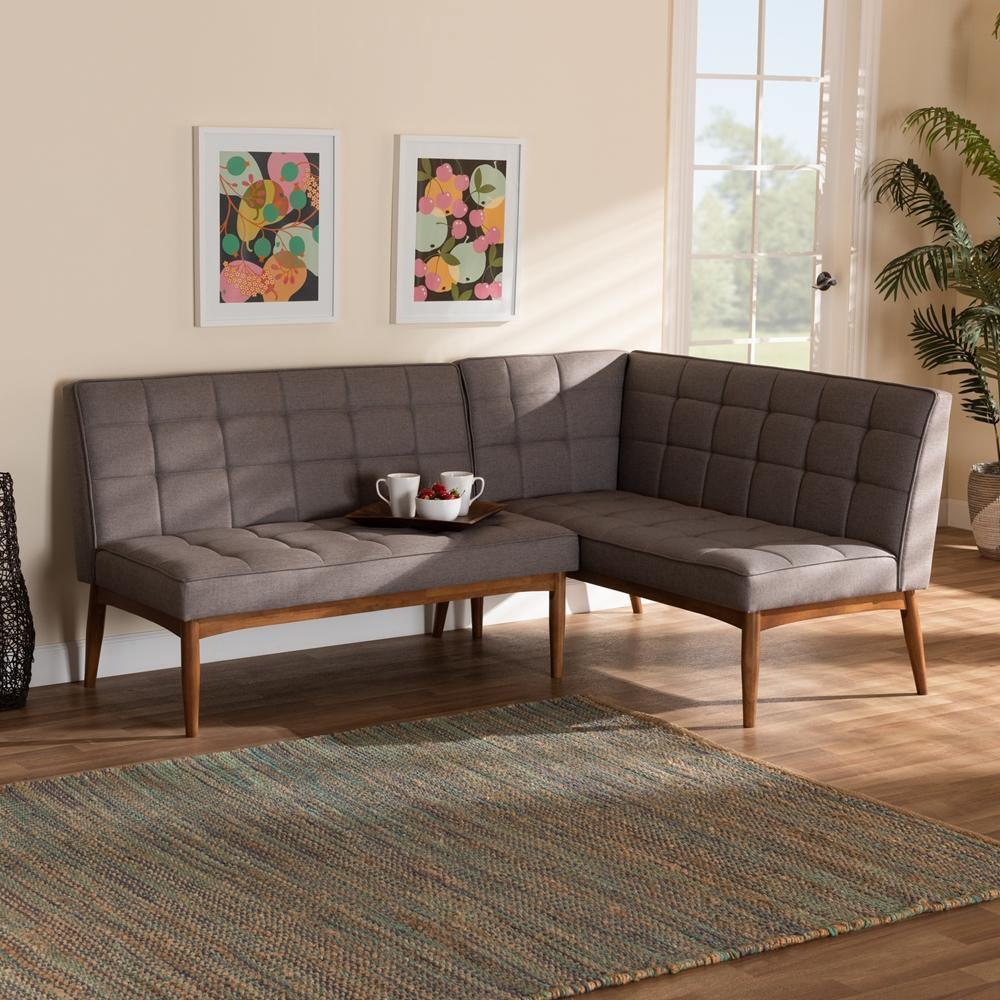 Sanford Mid-Century Modern Grey Fabric Upholstered and Walnut Brown Finished Wood 2-Piece Dining Nook Banquette Set FredCo