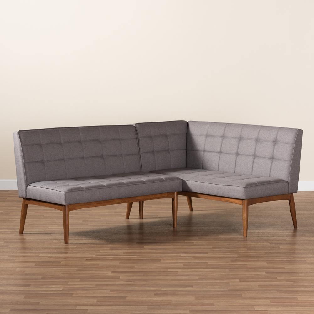 Sanford Mid-Century Modern Grey Fabric Upholstered and Walnut Brown Finished Wood 2-Piece Dining Nook Banquette Set FredCo
