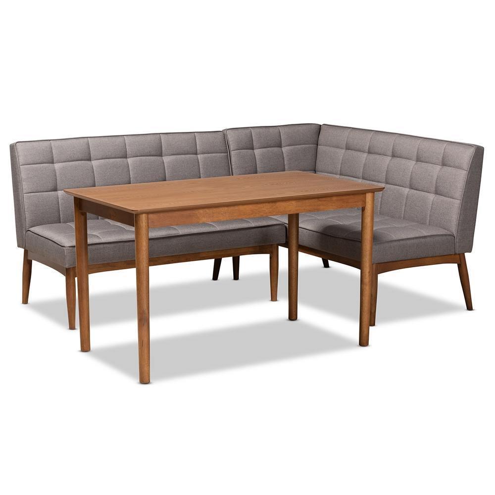 Sanford Mid-Century Modern Grey Fabric Upholstered and Walnut Brown Finished Wood 3-Piece Dining Nook Set FredCo