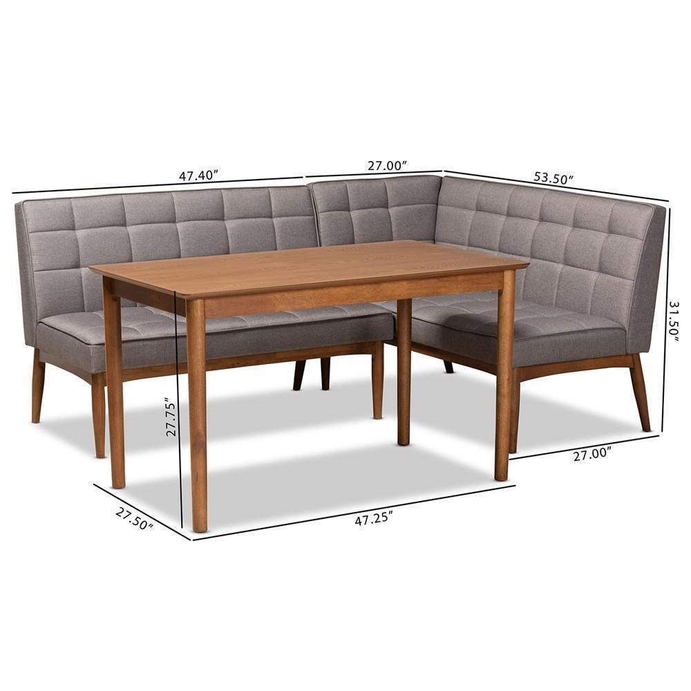 Sanford Mid-Century Modern Grey Fabric Upholstered and Walnut Brown Finished Wood 3-Piece Dining Nook Set FredCo