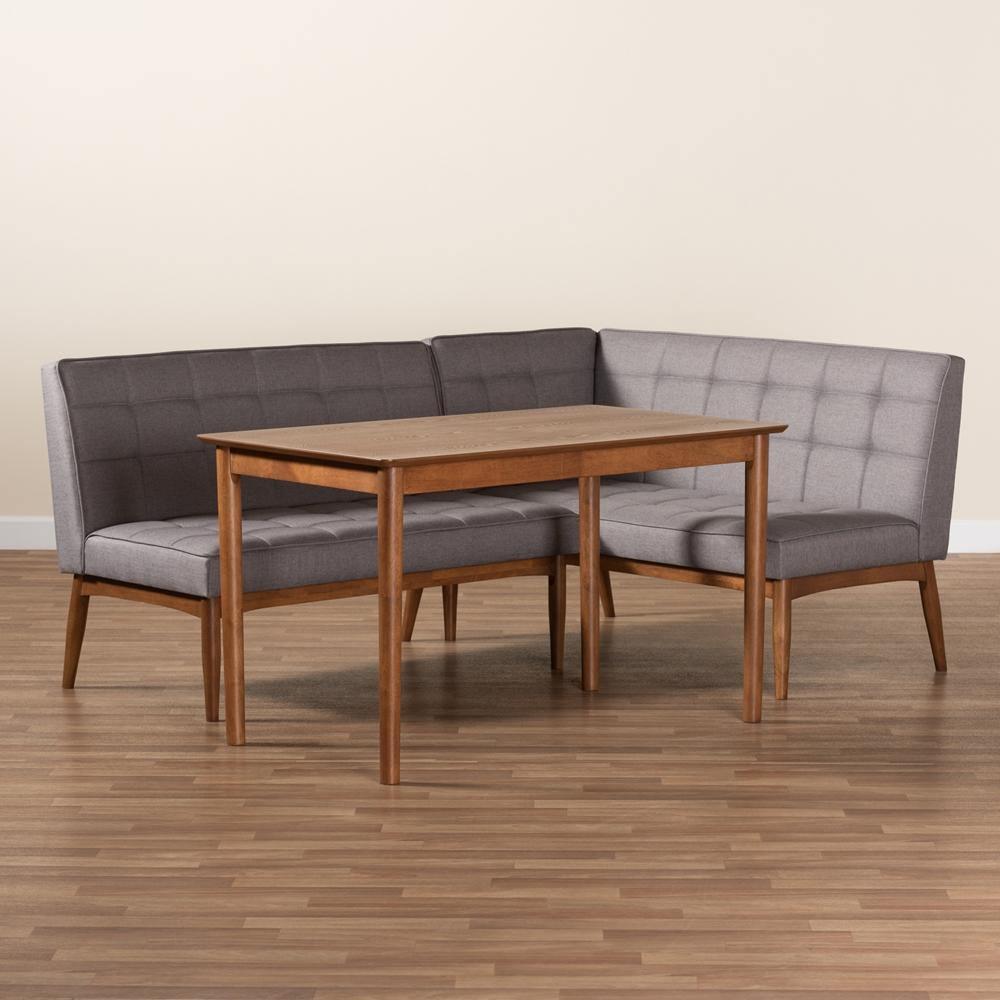 Sanford Mid-Century Modern Grey Fabric Upholstered and Walnut Brown Finished Wood 3-Piece Dining Nook Set FredCo