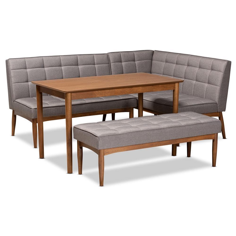 Sanford Mid-Century Modern Grey Fabric Upholstered and Walnut Brown Finished Wood 4-Piece Dining Nook Set FredCo