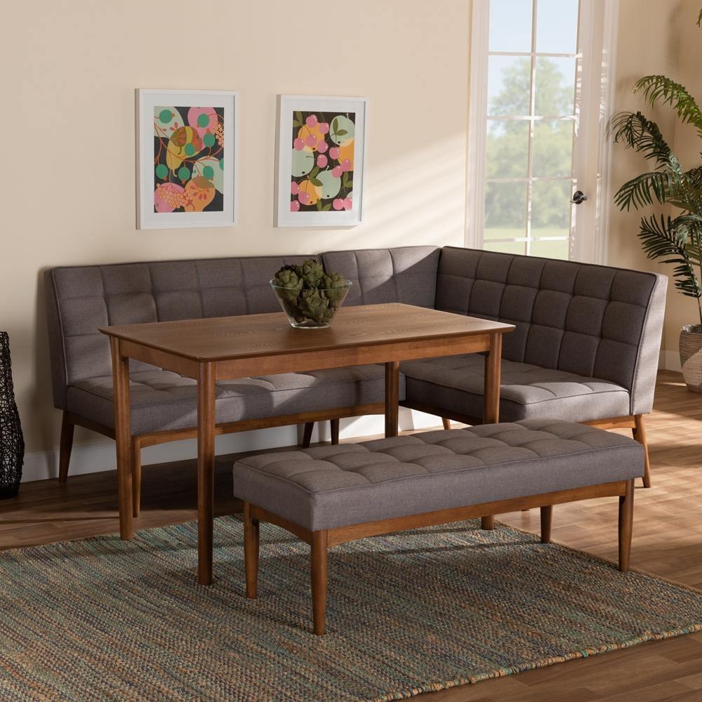 Sanford Mid-Century Modern Grey Fabric Upholstered and Walnut Brown Finished Wood 4-Piece Dining Nook Set FredCo
