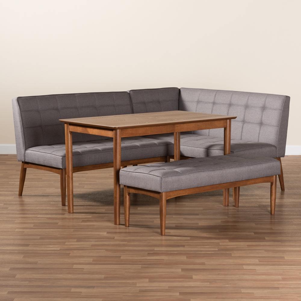 Sanford Mid-Century Modern Grey Fabric Upholstered and Walnut Brown Finished Wood 4-Piece Dining Nook Set FredCo