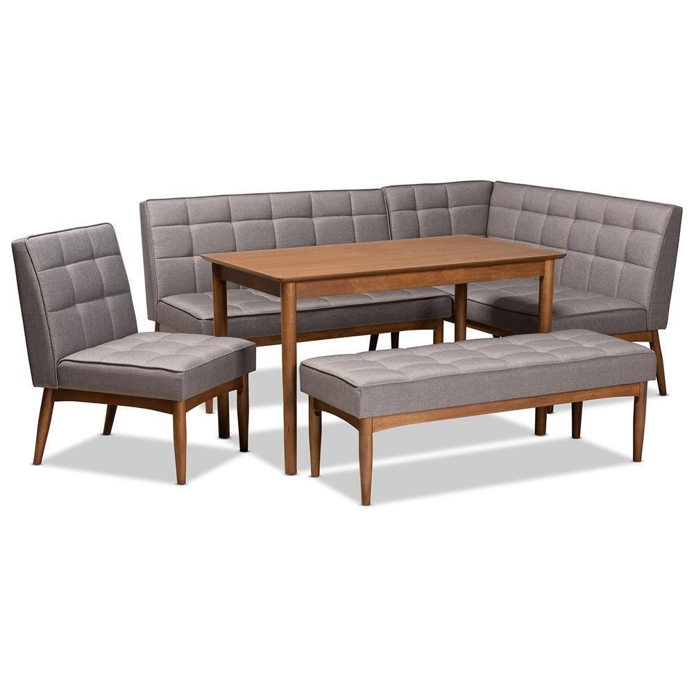 Sanford Mid-Century Modern Grey Fabric Upholstered and Walnut Brown Finished Wood 5-Piece Dining Nook Set FredCo