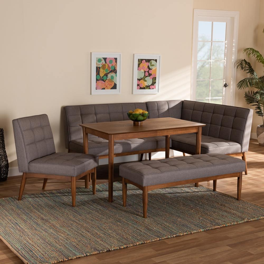 Sanford Mid-Century Modern Grey Fabric Upholstered and Walnut Brown Finished Wood 5-Piece Dining Nook Set FredCo