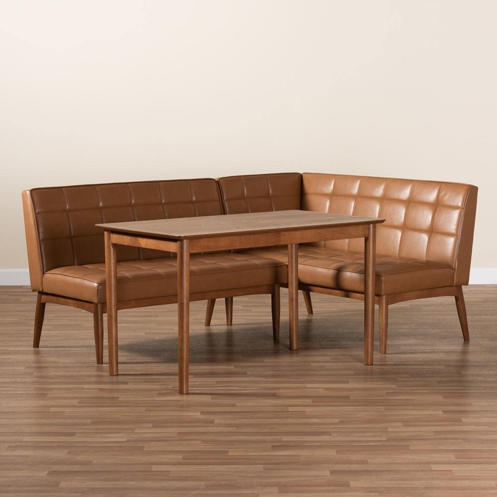 Sanford Mid-Century Modern Tan Faux Leather Upholstered and Walnut Brown Finished Wood 3-Piece Dining Nook Set FredCo