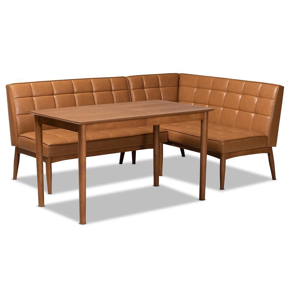 Sanford Mid-Century Modern Tan Faux Leather Upholstered and Walnut Brown Finished Wood 3-Piece Dining Nook Set FredCo