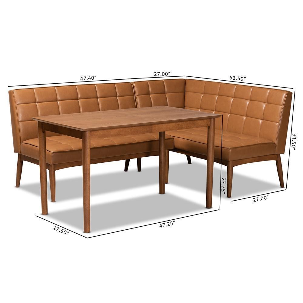 Sanford Mid-Century Modern Tan Faux Leather Upholstered and Walnut Brown Finished Wood 3-Piece Dining Nook Set FredCo