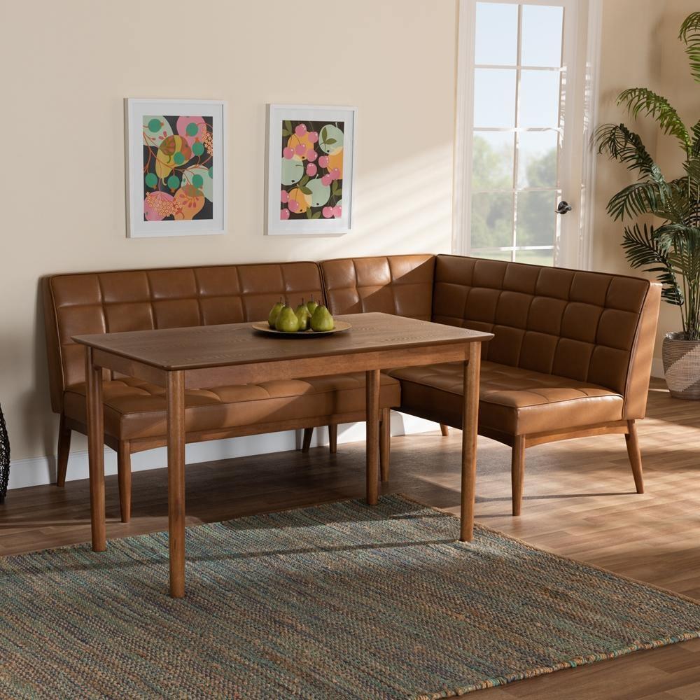 Sanford Mid-Century Modern Tan Faux Leather Upholstered and Walnut Brown Finished Wood 3-Piece Dining Nook Set FredCo