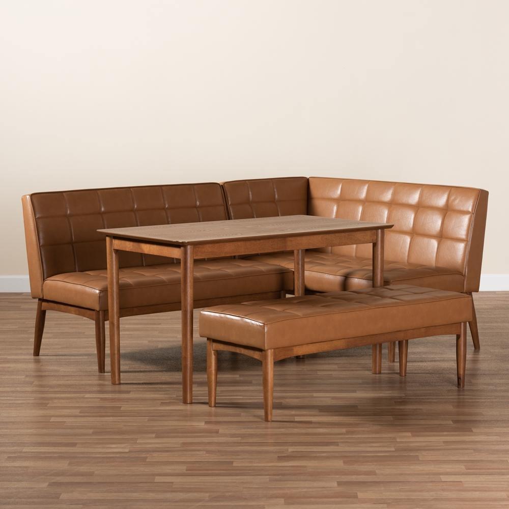 Sanford Mid-Century Modern Tan Faux Leather Upholstered and Walnut Brown Finished Wood 4-Piece Dining Nook Set FredCo