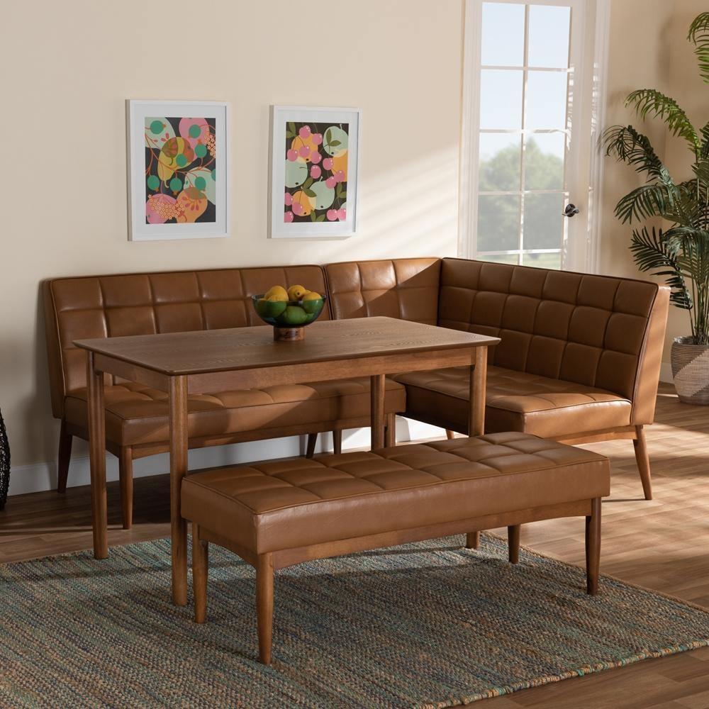 Sanford Mid-Century Modern Tan Faux Leather Upholstered and Walnut Brown Finished Wood 4-Piece Dining Nook Set FredCo