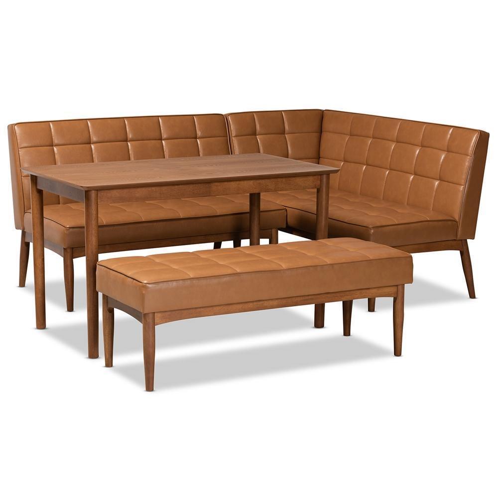 Sanford Mid-Century Modern Tan Faux Leather Upholstered and Walnut Brown Finished Wood 4-Piece Dining Nook Set FredCo