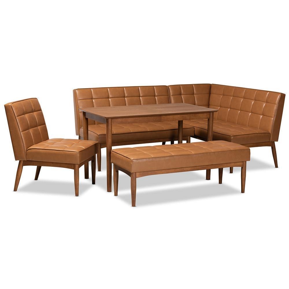 Sanford Mid-Century Modern Tan Faux Leather Upholstered and Walnut Brown Finished Wood 5-Piece Dining Nook Set FredCo