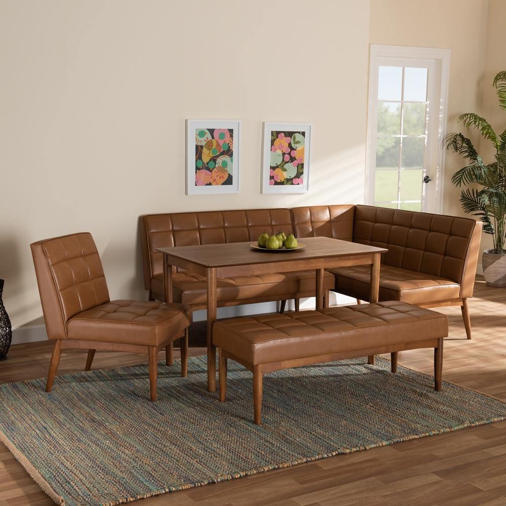 Sanford Mid-Century Modern Tan Faux Leather Upholstered and Walnut Brown Finished Wood 5-Piece Dining Nook Set FredCo