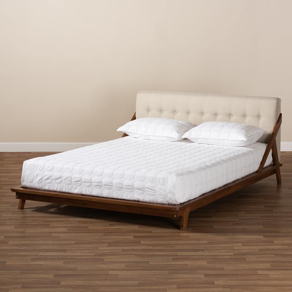 Sante Mid-Century Modern Light Beige Fabric Upholstered Wood Full Size Platform Bed FredCo