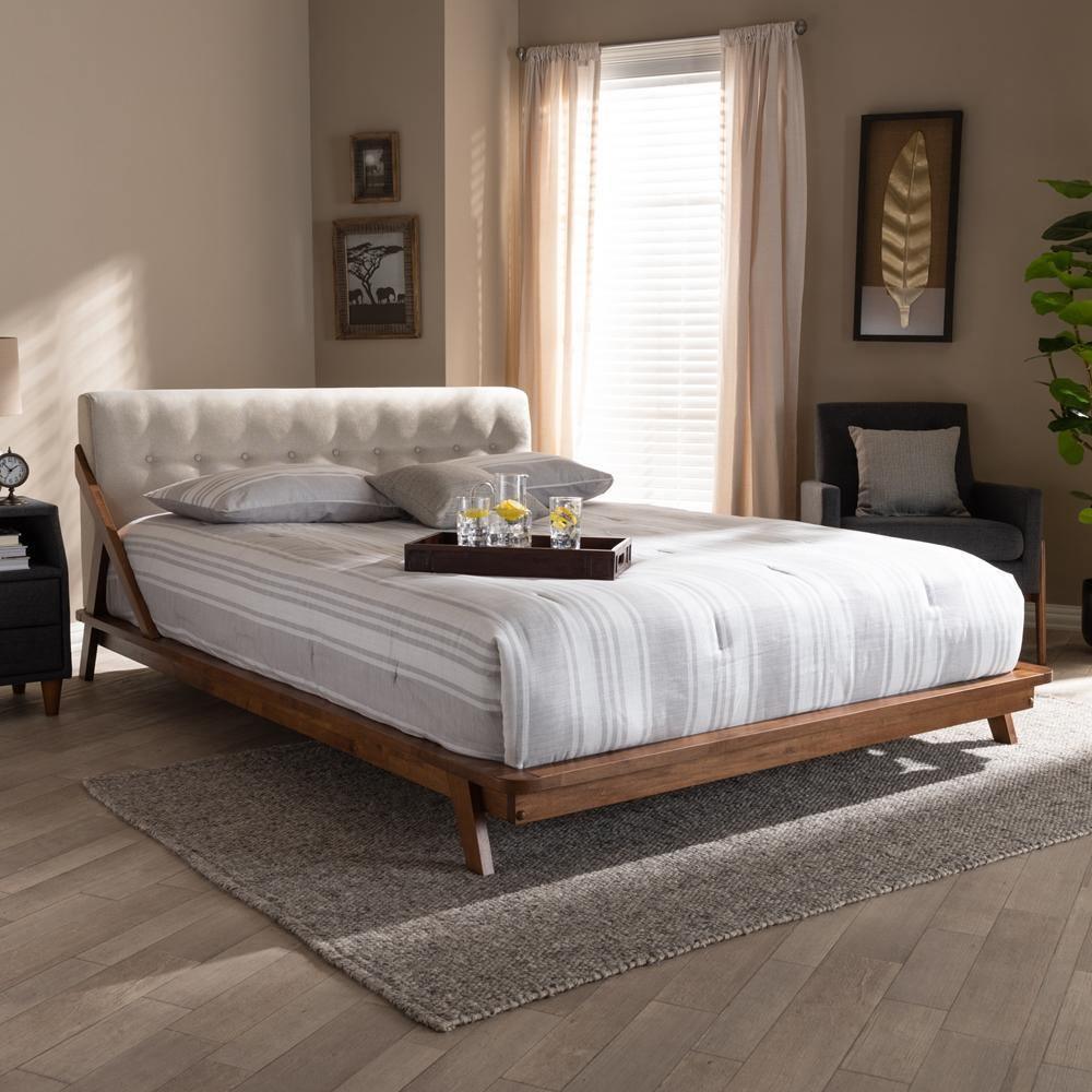 Sante Mid-Century Modern Light Beige Fabric Upholstered Wood Full Size Platform Bed FredCo