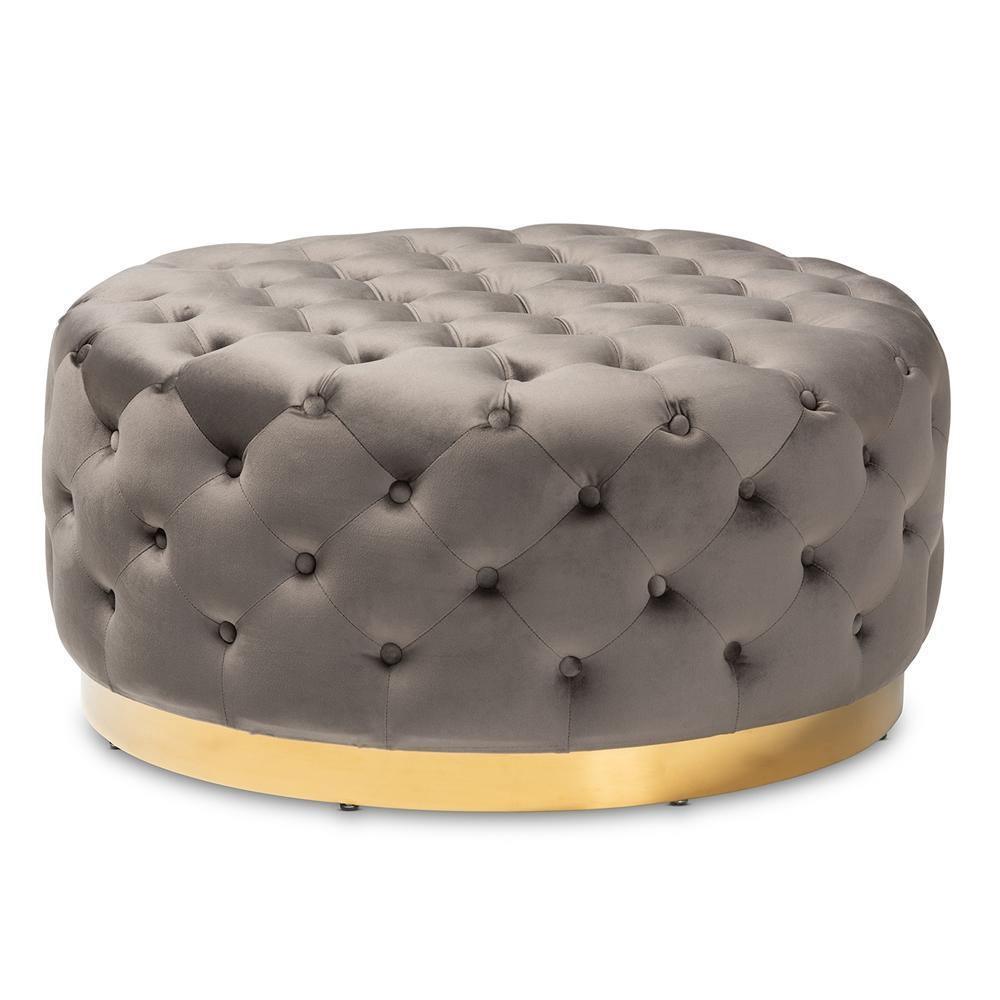 Sasha Glam and Luxe Grey Velvet Fabric Upholstered Gold Finished Round Cocktail Ottoman FredCo