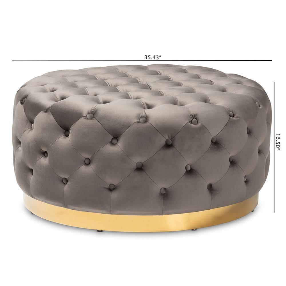 Sasha Glam and Luxe Grey Velvet Fabric Upholstered Gold Finished Round Cocktail Ottoman FredCo