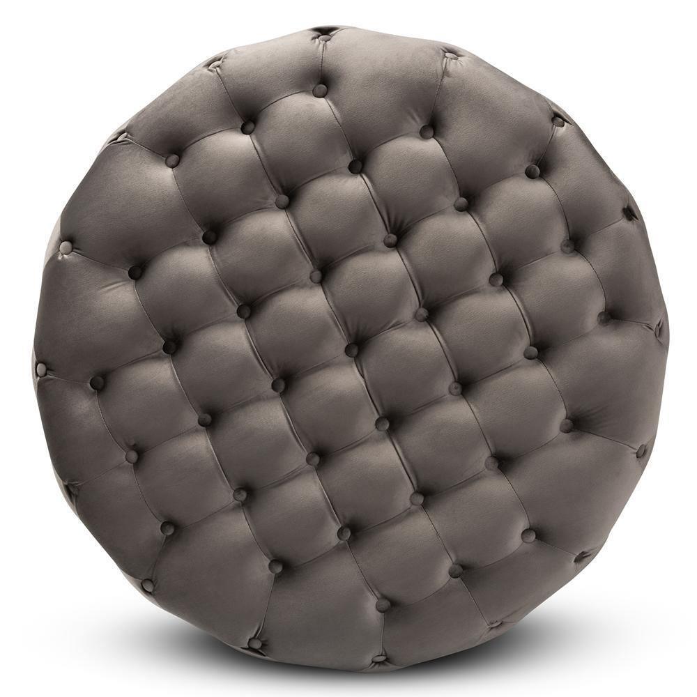 Sasha Glam and Luxe Grey Velvet Fabric Upholstered Gold Finished Round Cocktail Ottoman FredCo