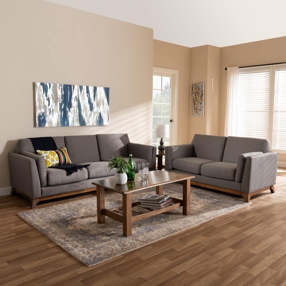 Sava Mid-Century Modern Grey Fabric Upholstered Walnut Wood 2-Piece Living Room Set FredCo