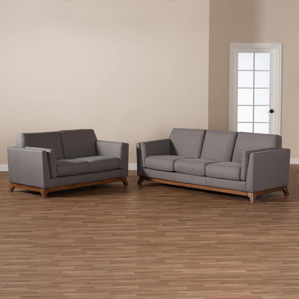 Sava Mid-Century Modern Grey Fabric Upholstered Walnut Wood 2-Piece Living Room Set FredCo
