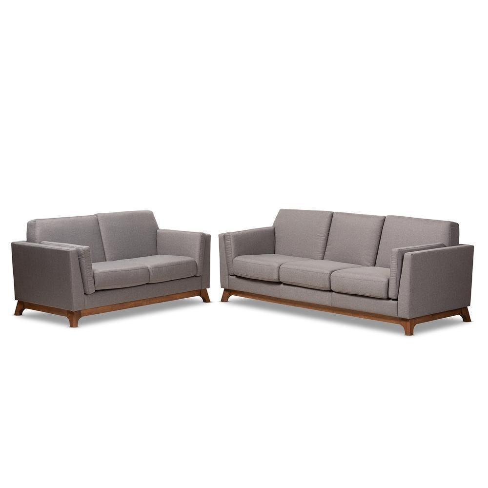 Sava Mid-Century Modern Grey Fabric Upholstered Walnut Wood 2-Piece Living Room Set FredCo