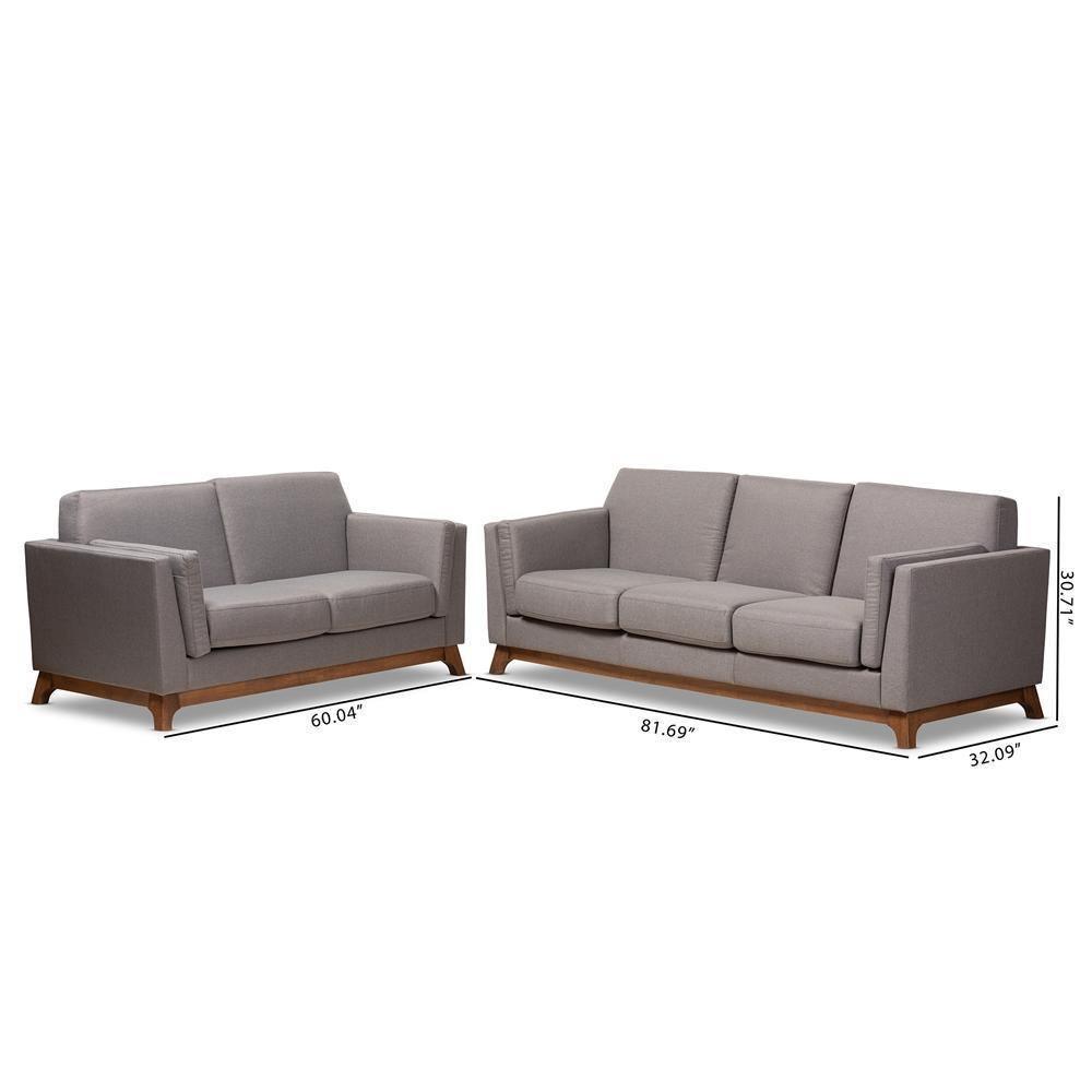 Sava Mid-Century Modern Grey Fabric Upholstered Walnut Wood 2-Piece Living Room Set FredCo