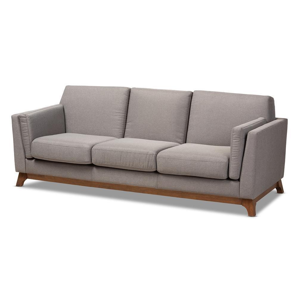 Sava Mid-Century Modern Grey Fabric Upholstered Walnut Wood 3-Seater Sofa FredCo