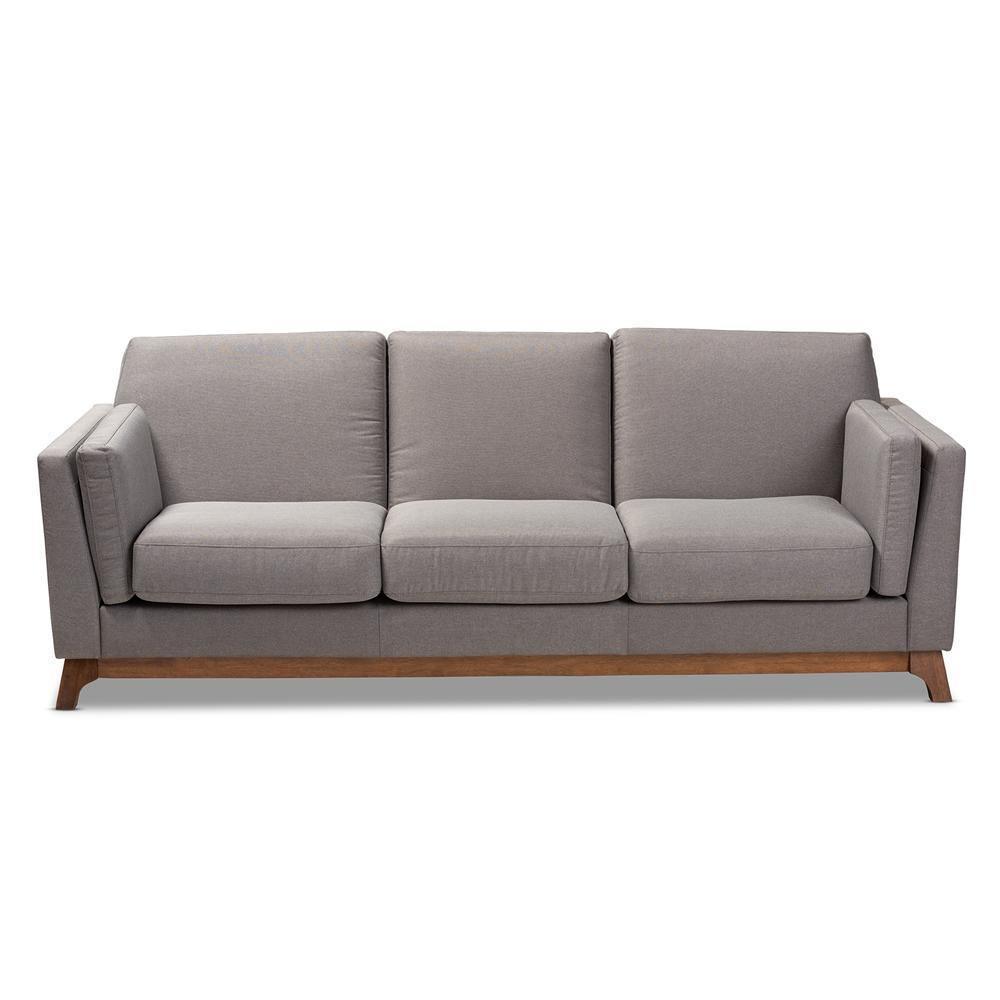 Sava Mid-Century Modern Grey Fabric Upholstered Walnut Wood 3-Seater Sofa FredCo