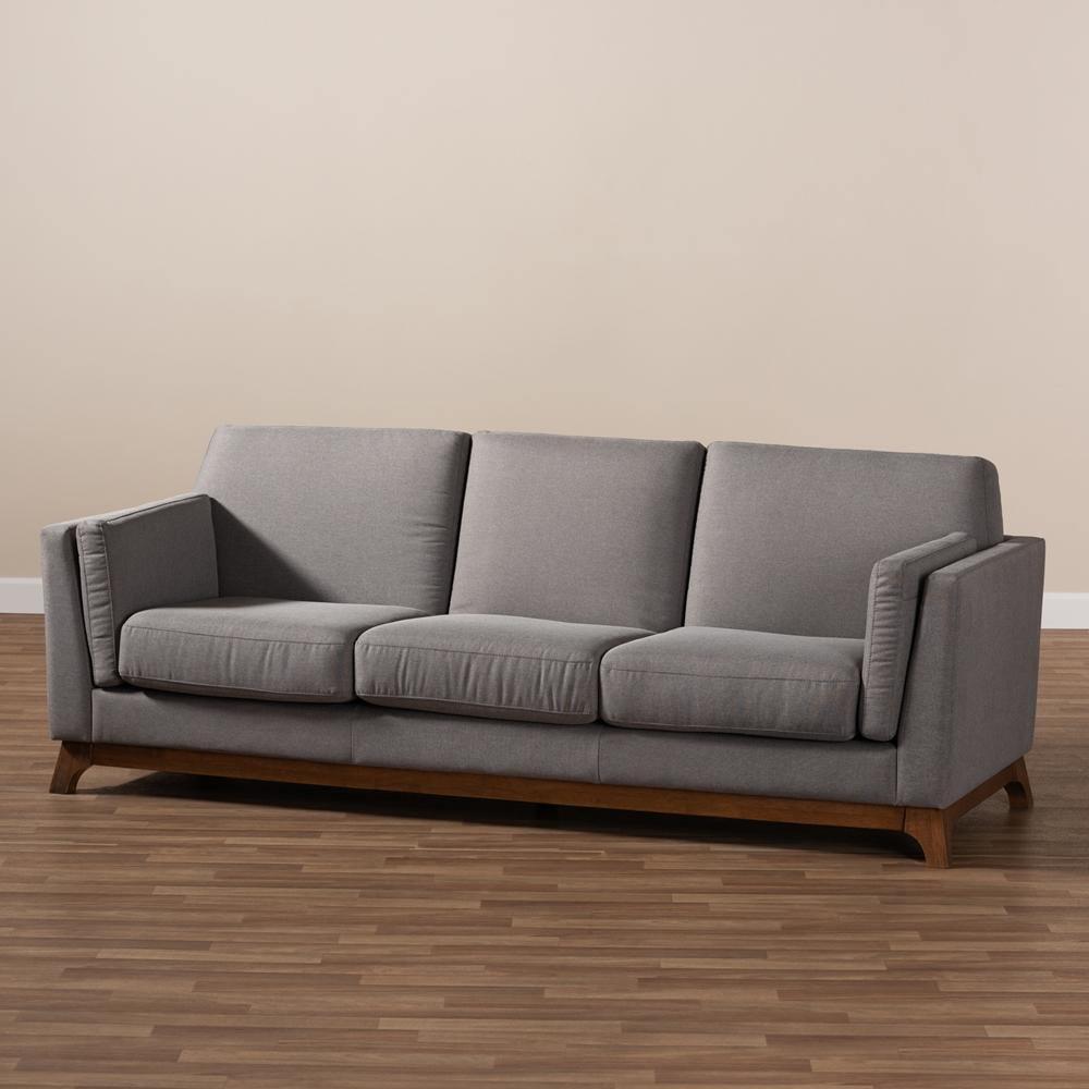 Sava Mid-Century Modern Grey Fabric Upholstered Walnut Wood 3-Seater Sofa FredCo