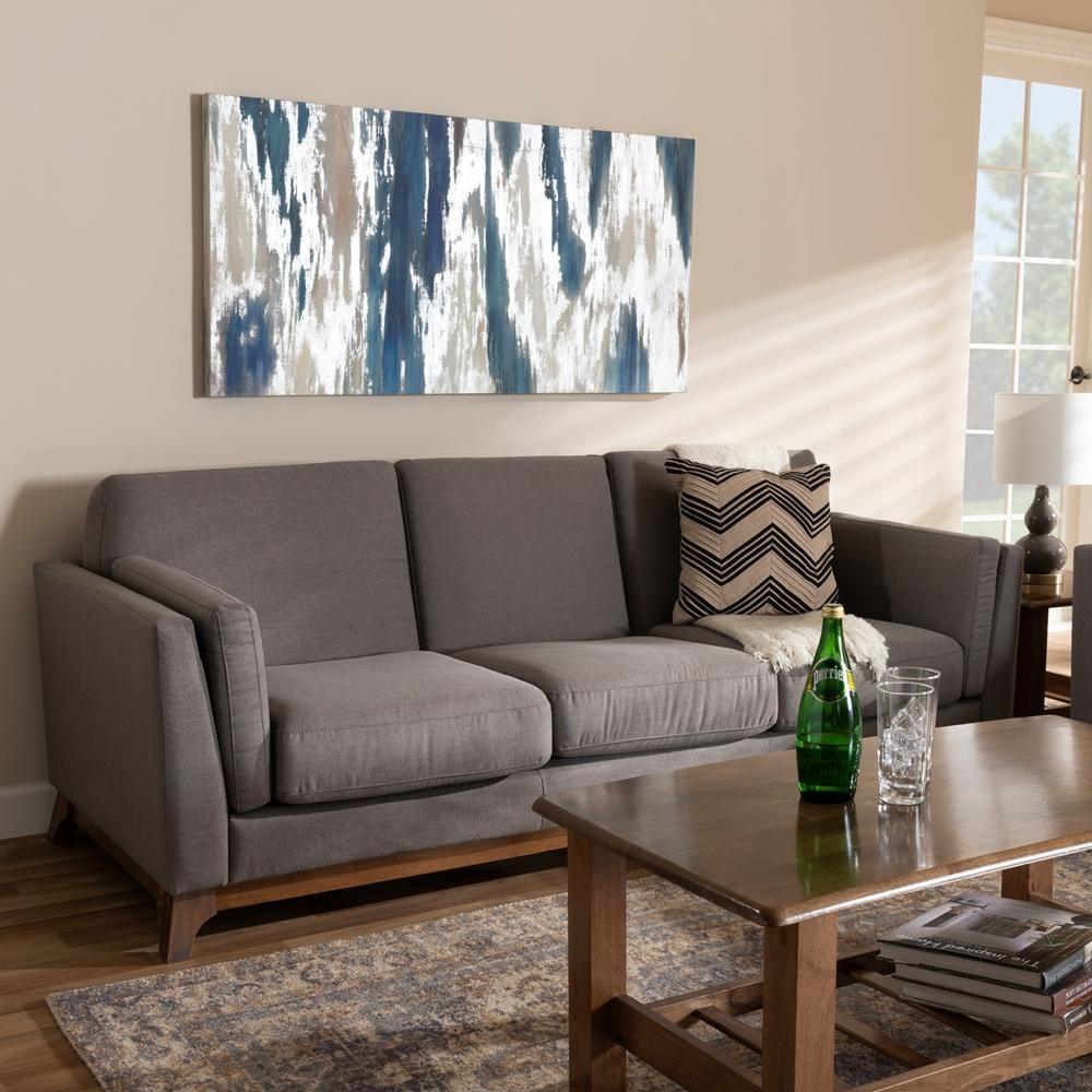 Sava Mid-Century Modern Grey Fabric Upholstered Walnut Wood 3-Seater Sofa FredCo
