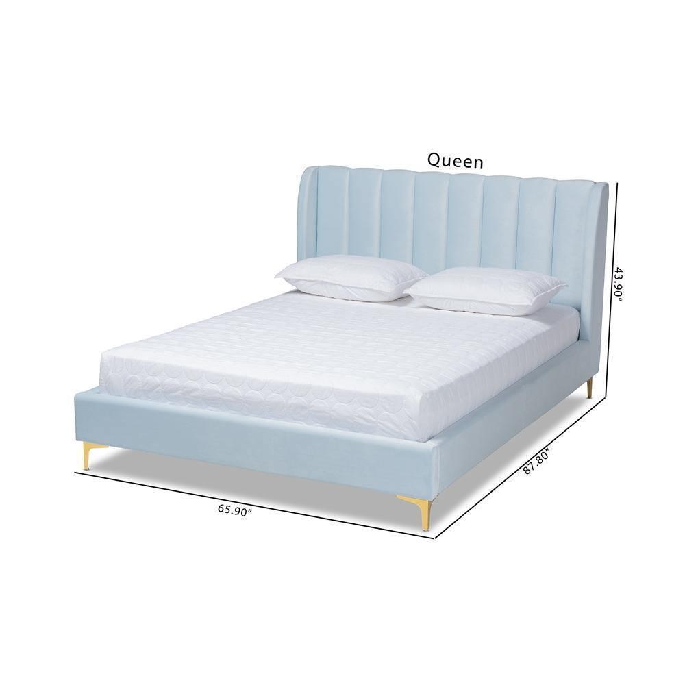 Saverio Glam and Luxe Light Blue Velvet Fabric Upholstered Queen Size Platform Bed with Gold-Tone Legs FredCo