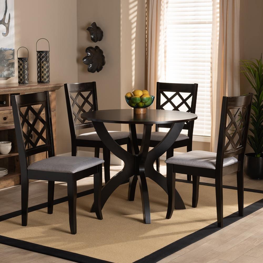 Savina Modern and Contemporary Grey Fabric Upholstered and Dark Brown Finished Wood 5-Piece Dining Set FredCo