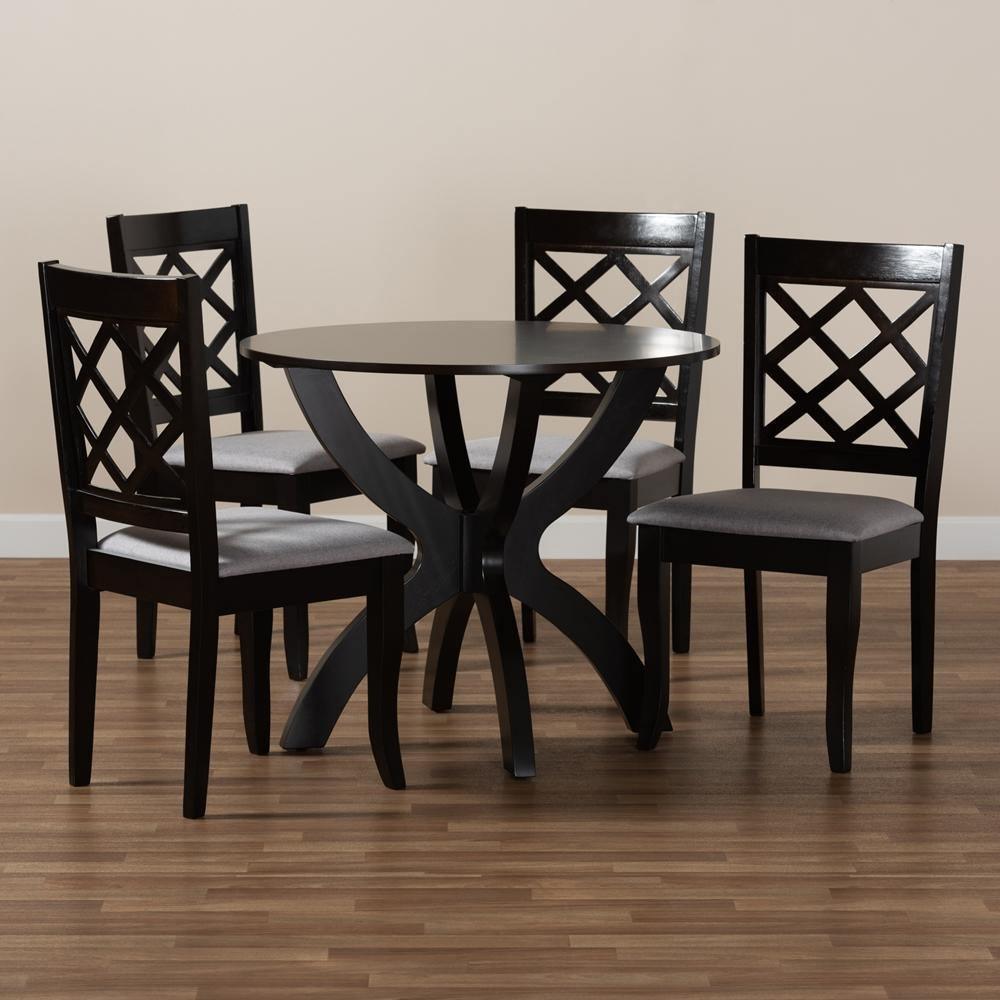 Savina Modern and Contemporary Grey Fabric Upholstered and Dark Brown Finished Wood 5-Piece Dining Set FredCo