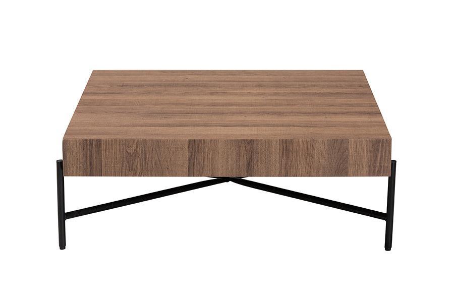 Savion Modern Industrial Walnut Brown Finished Wood and Black Metal Coffee Table FredCo