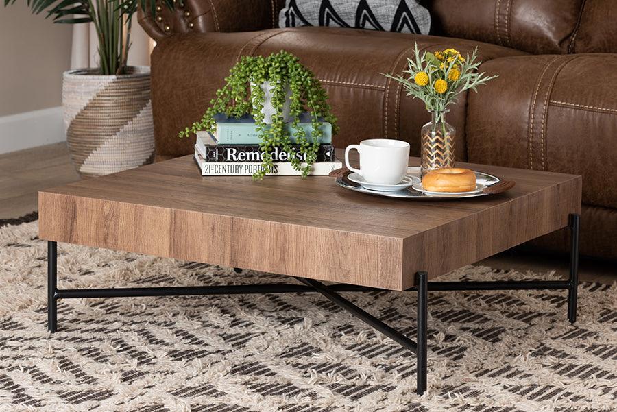 Savion Modern Industrial Walnut Brown Finished Wood and Black Metal Coffee Table FredCo