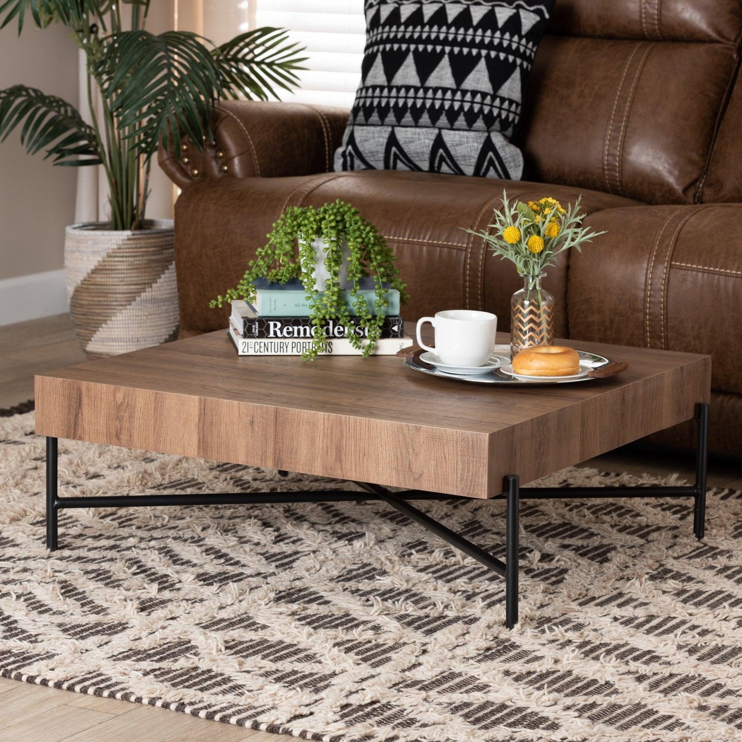 Savion Modern Industrial Walnut Brown Finished Wood and Black Metal Coffee Table FredCo