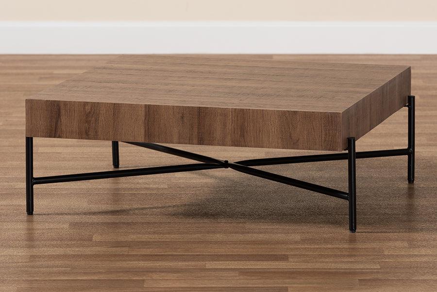 Savion Modern Industrial Walnut Brown Finished Wood and Black Metal Coffee Table FredCo