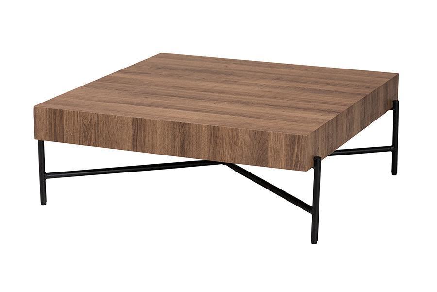 Savion Modern Industrial Walnut Brown Finished Wood and Black Metal Coffee Table FredCo