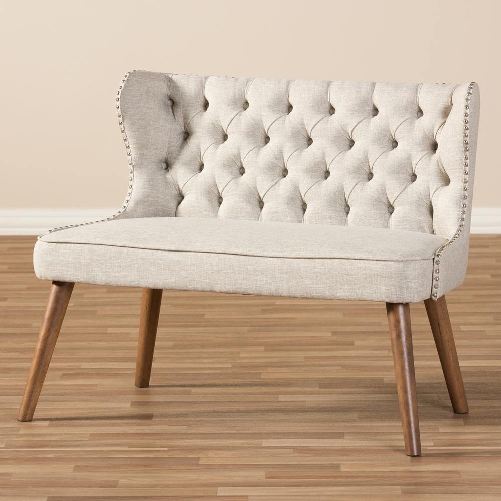Scarlett Mid-Century Modern Brown Wood and Light Beige Fabric Upholstered Button-Tufting with Nail Heads Trim 2-Seater Loveseat Settee FredCo