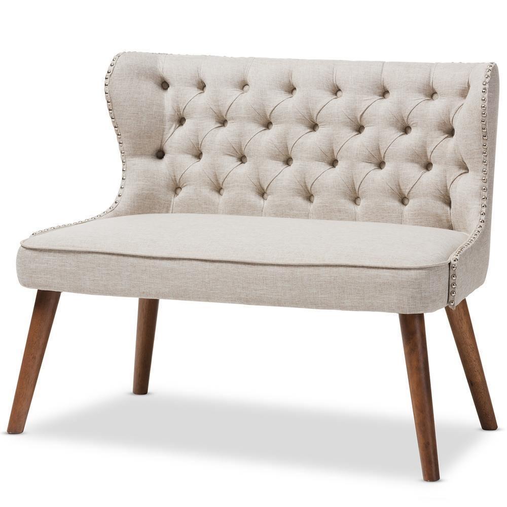Scarlett Mid-Century Modern Brown Wood and Light Beige Fabric Upholstered Button-Tufting with Nail Heads Trim 2-Seater Loveseat Settee FredCo