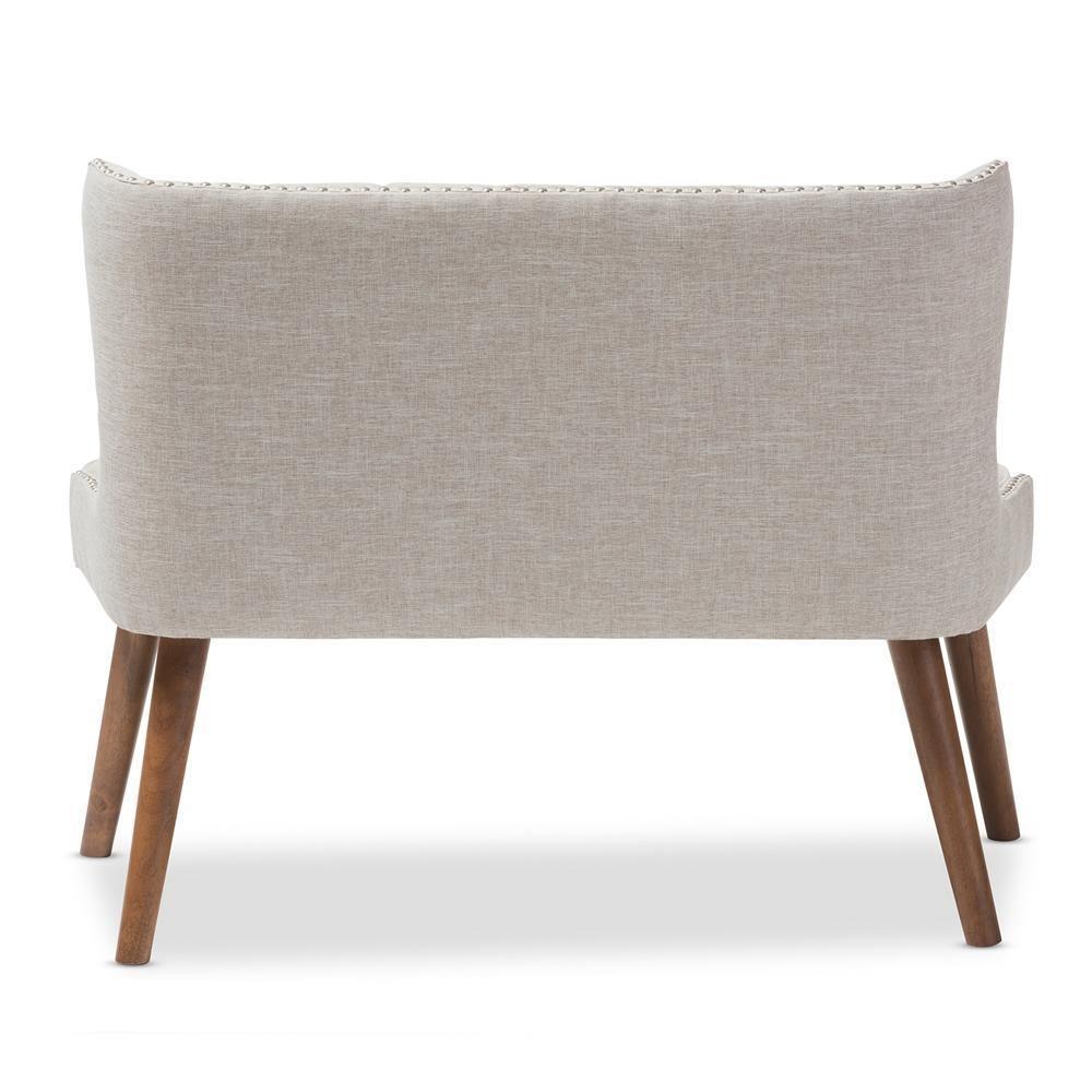 Scarlett Mid-Century Modern Brown Wood and Light Beige Fabric Upholstered Button-Tufting with Nail Heads Trim 2-Seater Loveseat Settee FredCo