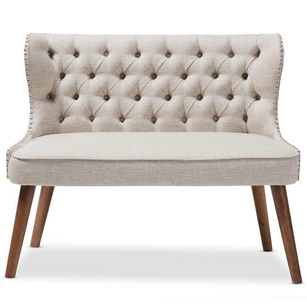 Scarlett Mid-Century Modern Brown Wood and Light Beige Fabric Upholstered Button-Tufting with Nail Heads Trim 2-Seater Loveseat Settee FredCo