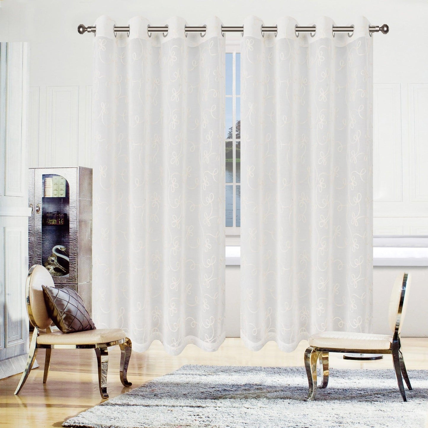 Scroll Soft Diffused Light Airy Lightweight Floral Sheer Curtain Set FredCo