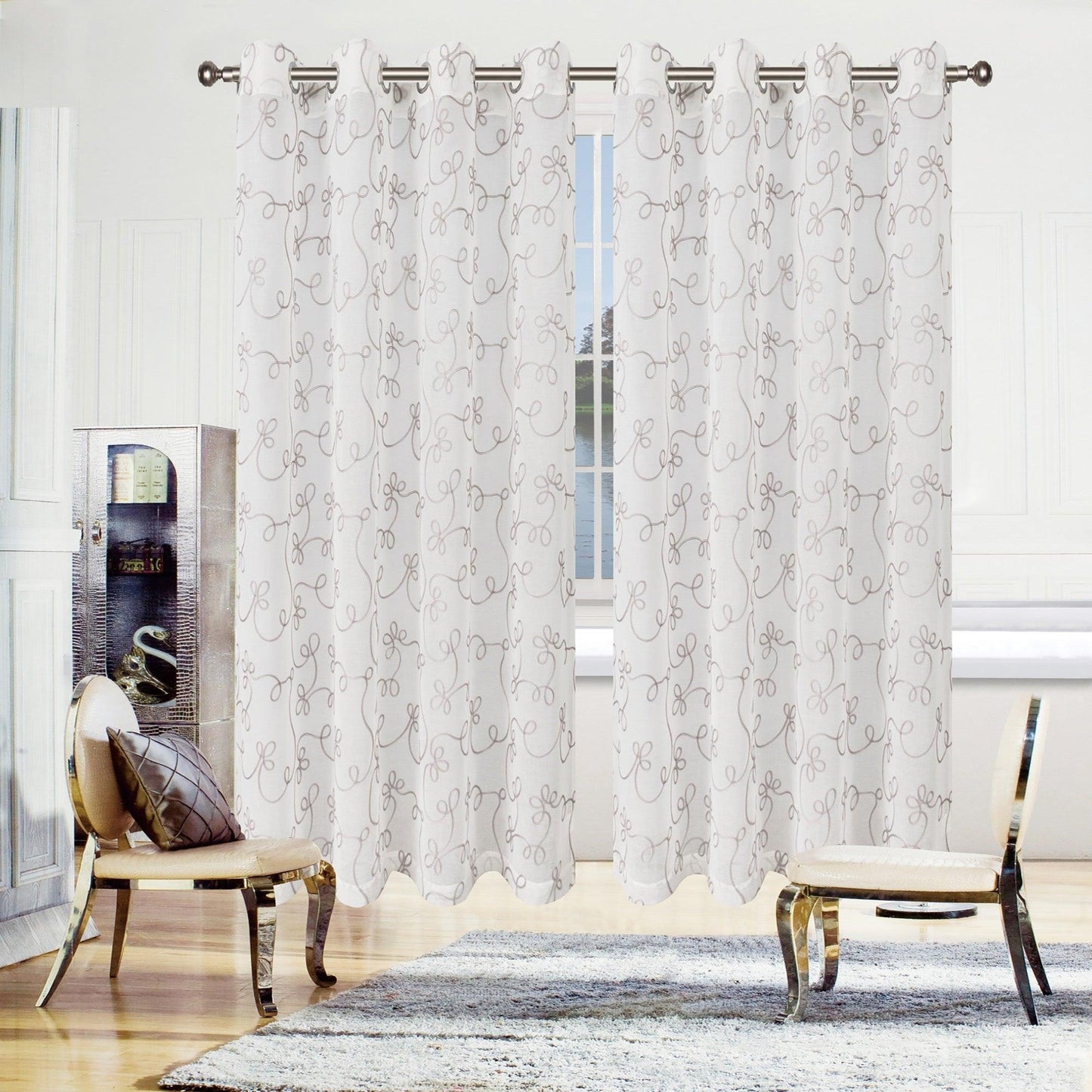 Scroll Soft Diffused Light Airy Lightweight Floral Sheer Curtain Set FredCo