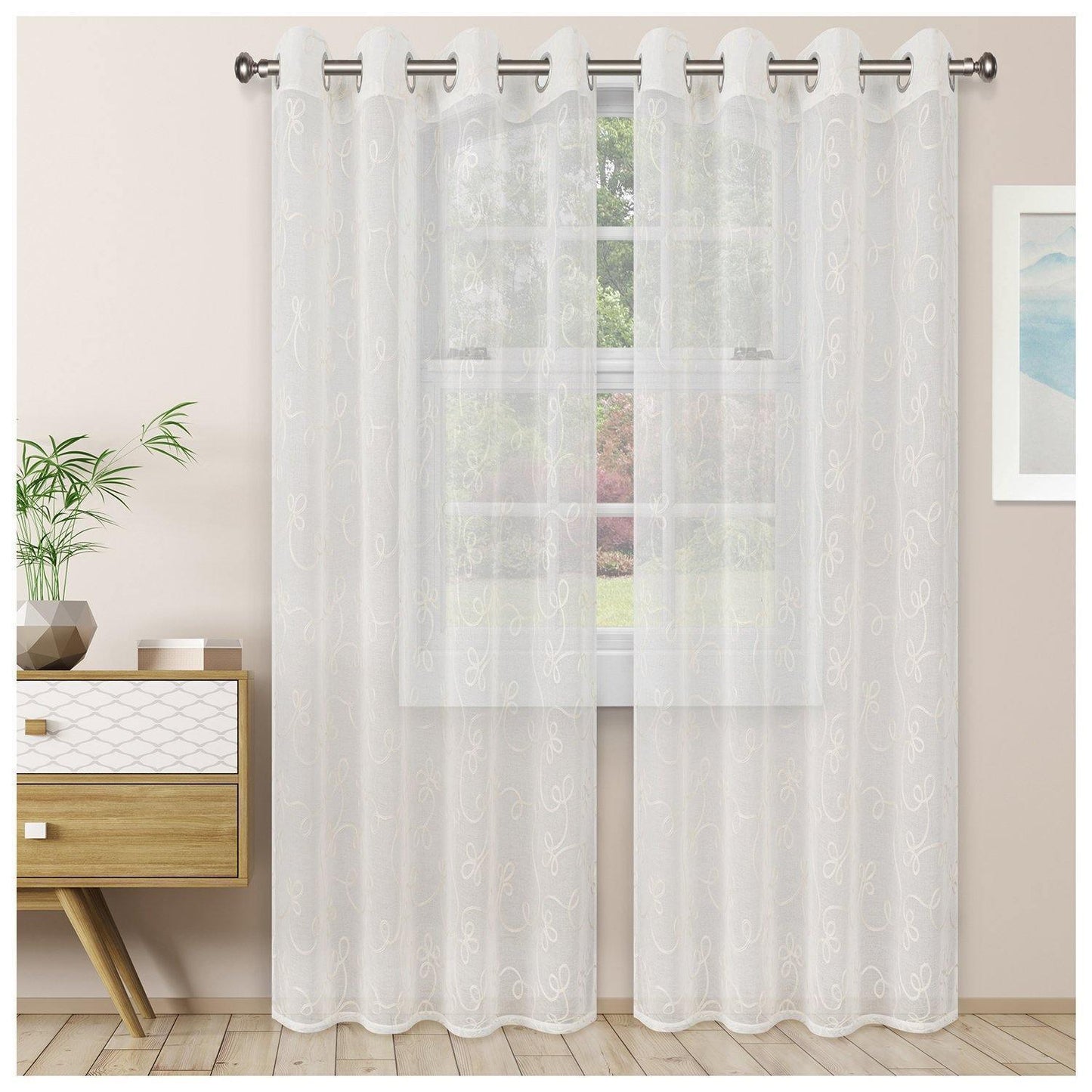 Scroll Soft Diffused Light Airy Lightweight Floral Sheer Curtain Set FredCo