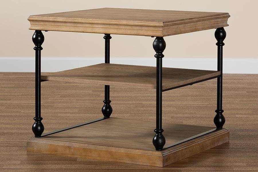 Sebastian Traditional Industrial Greywashed Wood and Black Metal 3-Tier End Table FredCo