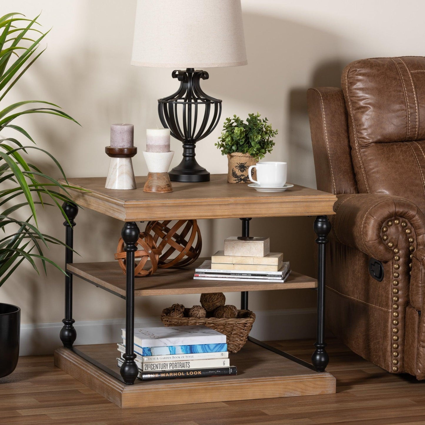 Sebastian Traditional Industrial Greywashed Wood and Black Metal 3-Tier End Table FredCo