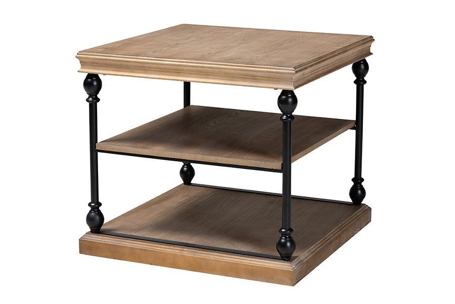 Sebastian Traditional Industrial Greywashed Wood and Black Metal 3-Tier End Table FredCo